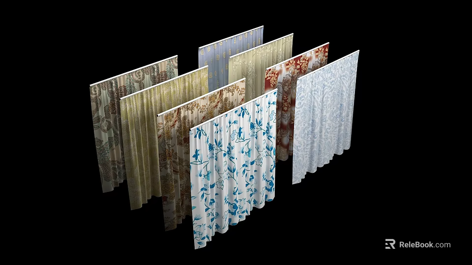 Various Stylish Curtains With Floral Patterns And Different Designs For Home Decor 3d model 