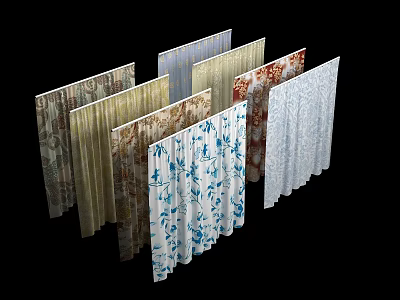 Various Stylish Curtains With Floral Patterns And Different Designs For Home Decor 3d model