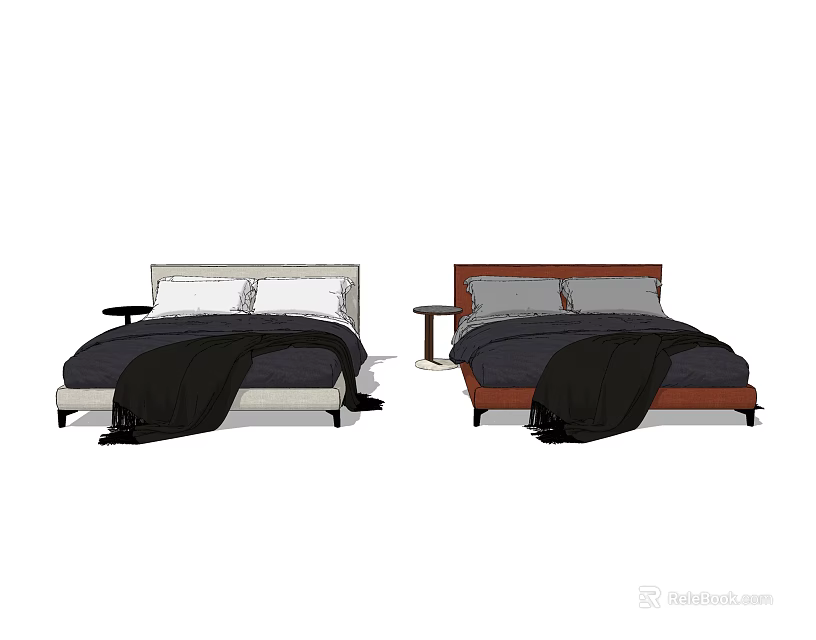 Double Bed with Light and Dark Headboards Side Tables Pillows and Blankets 3d model