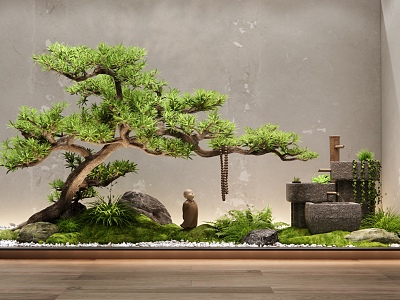 New Chinese style interior landscape landscaping courtyard sketch Luohan pine plant landscape water drop water bowl model