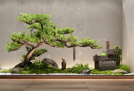 New Chinese style interior landscape landscaping courtyard sketch Luohan pine plant landscape water drop water bowl 3d model