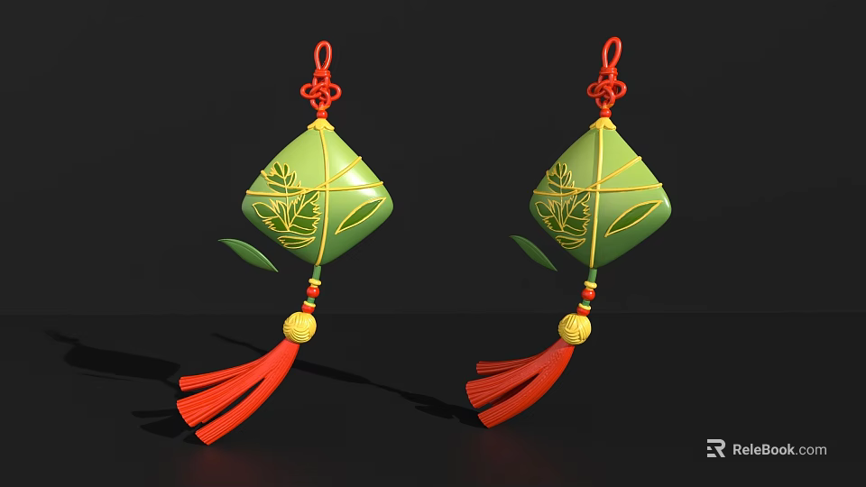 Traditional Green Diamond Ornament Decoration Set With Gold Leaf Pattern Red Tassels And Yellow Beads 3d model 