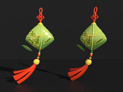 Traditional Green Diamond Ornament Decoration Set With Gold Leaf Pattern Red Tassels And Yellow Beads 3d model