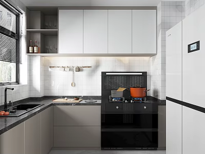 Modern Kitchen Interior With White Cabinets Black Stove Countertop And White Refrigerator 3d model