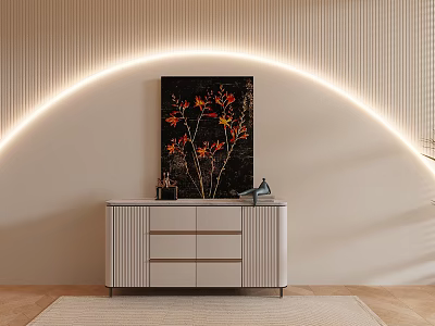 Modern Living Room Sideboard with Beige Striped Wall Curved LED Light and Floral Decorative Painting 3d model