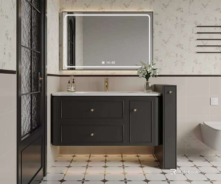 Modern Bathroom Sink Vanity With Framed Mirror Marble Countertop Dark Cabinets And Patterned Wall Tile Floor 3d model 