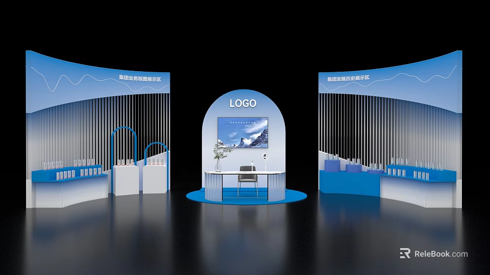 Exhibition Island Design For Technology Company With Arched Structure And Blue Elements 3d model