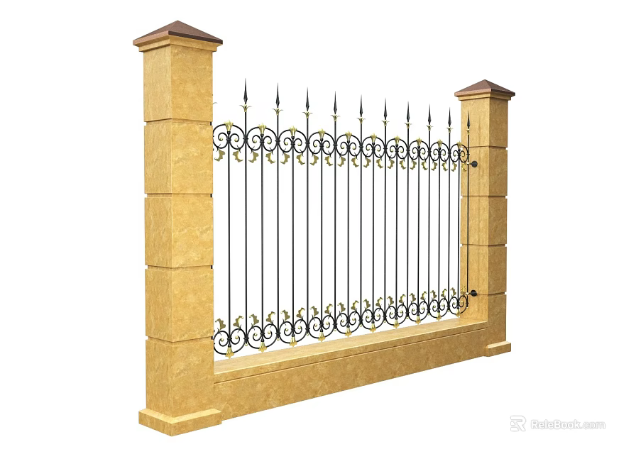 Ornate Decorative Wrought Iron Fence With Spiked Top And Yellow Stone Pillars 3d model 