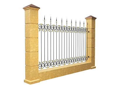 Ornate Decorative Wrought Iron Fence With Spiked Top And Yellow Stone Pillars 3d model