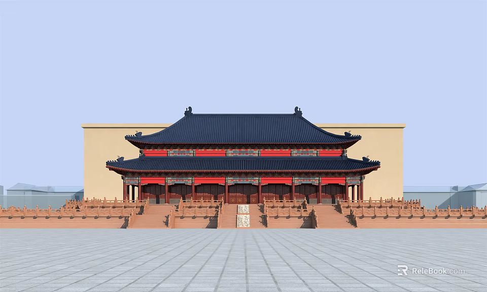Traditional Ancient Chinese Architecture Palace With Black Roof Red Columns And Stone Steps Plaza 3d model 
