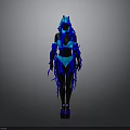 Glowing Blue Humanoid Figure In Fringe Decorated Costume With Headdress Top Shorts And Shoes