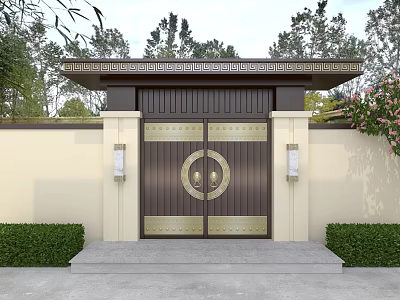 Traditional Chinese Style Wooden Gate With Brass Details And Garden Surroundings 3d model