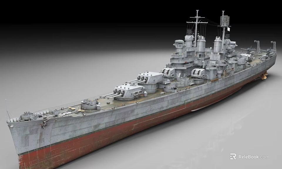 Detailed Battleship Model Featuring Turrets Antennas Deck Equipment And Gray Red Hull 3d model 