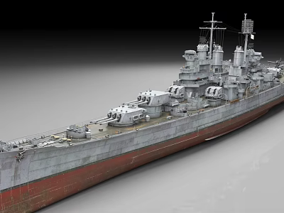 Detailed Battleship Model Featuring Turrets Antennas Deck Equipment And Gray Red Hull 3d model