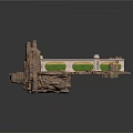 Natural Rock Formation With Metallic Beam Structure And Green Inlays