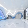 Modern Exhibition Hall With Curved Design Blue Digital Screen White Interior And Large Windows