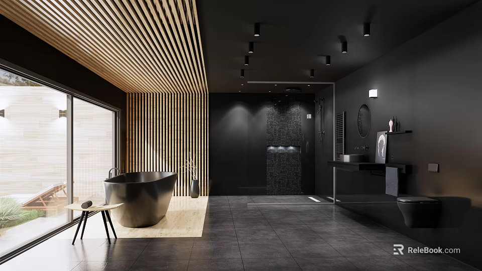 Modern Bathroom Interior With Wooden Ceiling Black Walls Freestanding Bathtub And Dark Floor Tiles 3d model 