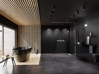Modern Bathroom Interior With Wooden Ceiling Black Walls Freestanding Bathtub And Dark Floor Tiles 3d model