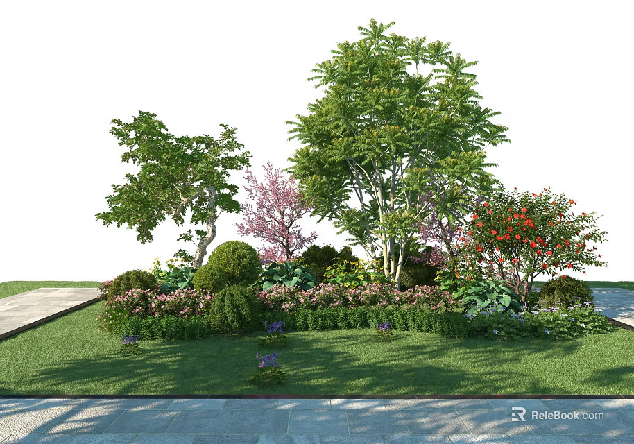 Beautiful Landscaping Shrubs With Colorful Flowers And Green Trees On Lawn 3d model 