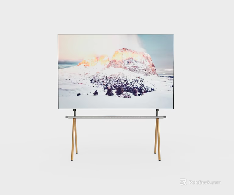 Ultra Slim LED Television With Metal Stand Displaying Snowy Mountain Landscape 3d model 