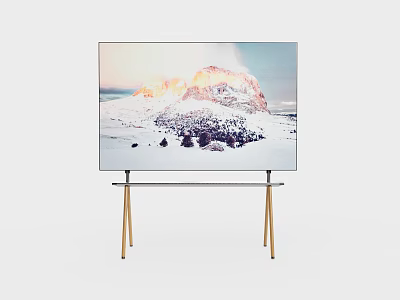 Ultra Slim LED Television With Metal Stand Displaying Snowy Mountain Landscape 3d model