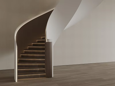 Modern Curved Staircase With Wooden Steps And White Handrail In Light Room 3d model