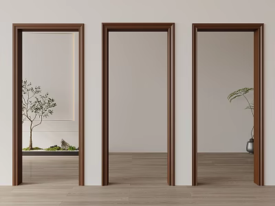 Three Brown Framed Mirrors Reflecting Small Tree Stones Vase Plant Light Walls Wooden Floors 3d model