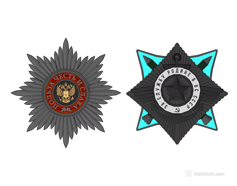 Star Shaped Wall Decor Medals With Red Blue Accents And Central Insignia 3d model 