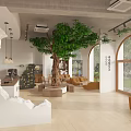 Modern Café Interior With Large Tree Arched Windows Natural Light And Wooden Seating