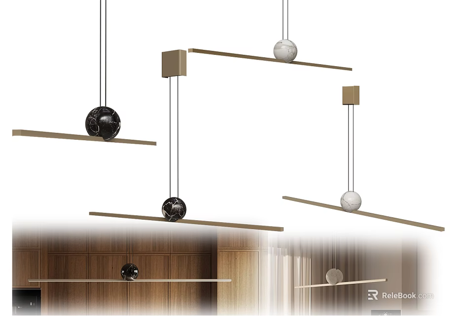 Modern Chandeliers With Wooden Bars And Spherical White Black Shades 3d model 