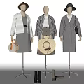 Three Fashion Models Wearing Stylish Coats Dresses And Hats With Handbags And Shoes