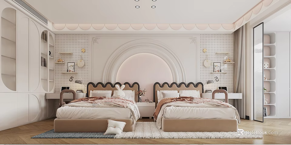 Kids Room Interior With Two Beds Arched Headboards Circular Backdrop And Cozy Wall Shelves 3d model 