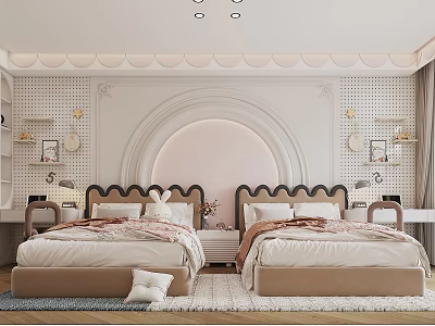 Kids Room Interior With Two Beds Arched Headboards Circular Backdrop And Cozy Wall Shelves 3d model