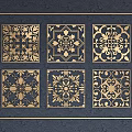 Golden Square Carvings With Various Intricate Patterns On Dark Blue Background 3d model
