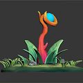 Cartoon Scene With Colorful Plant Red Orange Stem Blue Sphere Green Leaves And Stones