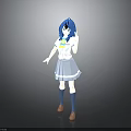 3D Character With Blue Hair In School Uniform Standing On Gray Background