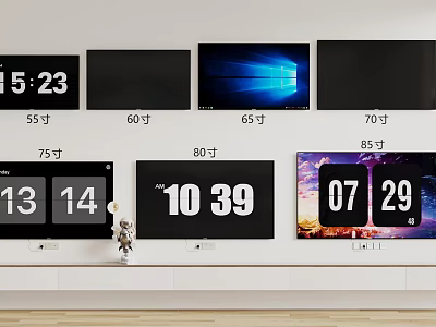 Different Size Televisions Display Time Digital Numbers And Various Screens 3d model