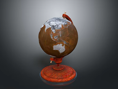 Brown Globe With White Snowy Regions And Red Stand Base 3d model