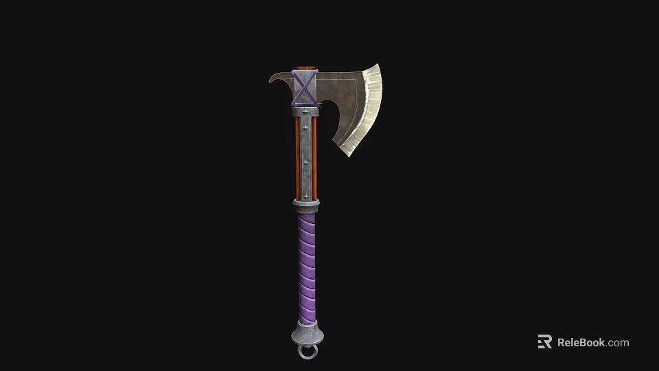 Medieval Battle Axe With Sharp Metal Blade Purple Wrapped Handle And Red Decorative Accents 3d model 