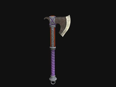 Medieval Battle Axe With Sharp Metal Blade Purple Wrapped Handle And Red Decorative Accents 3d model
