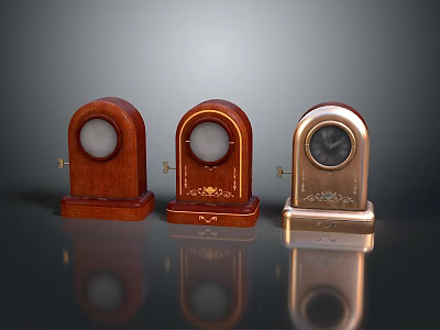 Three Classic Table Clocks Featuring Wooden Metal Bases And Decorative Details 3d model