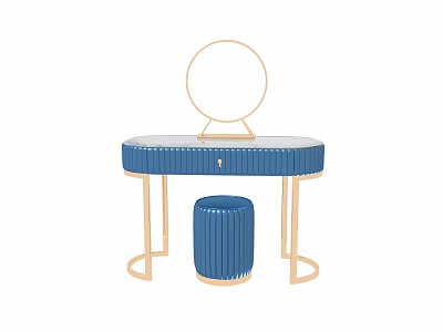 Blue Dressing Table With Round Mirror Golden Stand And Matching Striped Stool 3d model