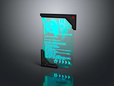 Transparent Blue Glowing Display Panel With Text Graphics And Black Stand 3d model