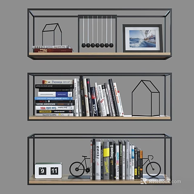 Stylish Two Seater Sofa With Bookshelf Books Decorative Art And Bicycle Model 3d model 