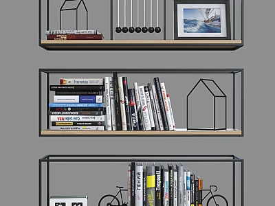 Stylish Two Seater Sofa With Bookshelf Books Decorative Art And Bicycle Model 3d model