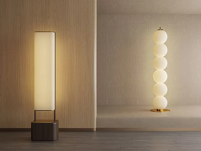 Modern Floor Lamps With Rectangular Shade Wooden Base And Spherical Globes Gold Base In Interior 3d model