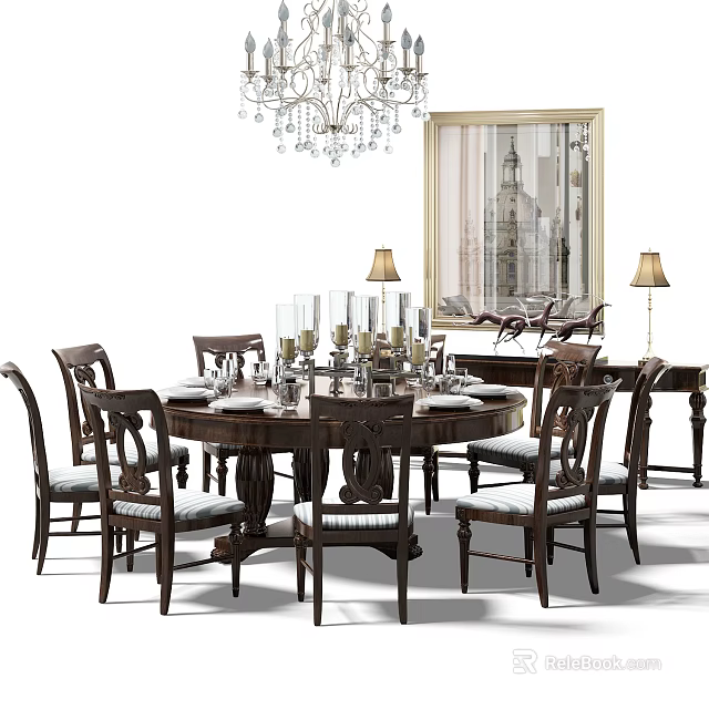 Elegant Round Dining Table with Wooden Chairs Chandelier Table Lamp Decorative Glassware and Wall Art 3d model 