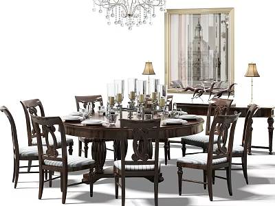 Elegant Round Dining Table with Wooden Chairs Chandelier Table Lamp Decorative Glassware and Wall Art 3d model