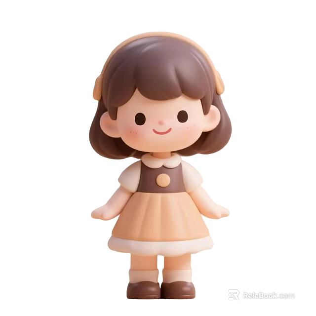 Cute Smiling Cartoon Girl Doll With Brown Hairband And Beige Dress 3d model 