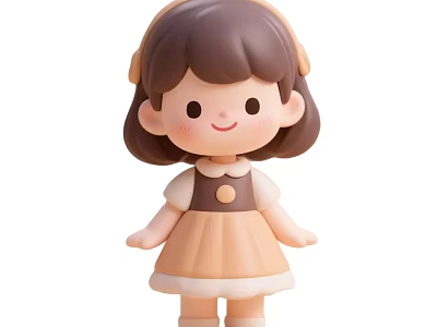 Cute Smiling Cartoon Girl Doll With Brown Hairband And Beige Dress 3d model